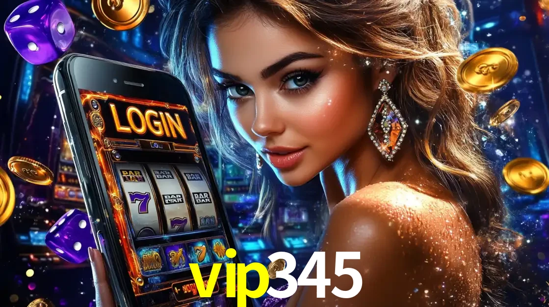 Mulher glamorosa segurando um smartphone com a tela de login para os jogos de caça-níqueis do cassino online vip345, com moedas de ouro e dados ao redor.